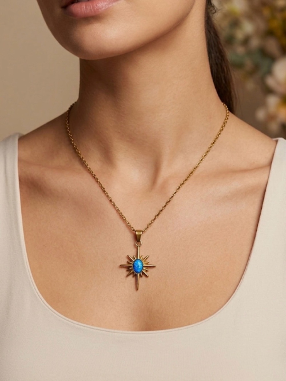 North Star Pendant Necklace with Synthetic Blue Opal Stone Gold Tone